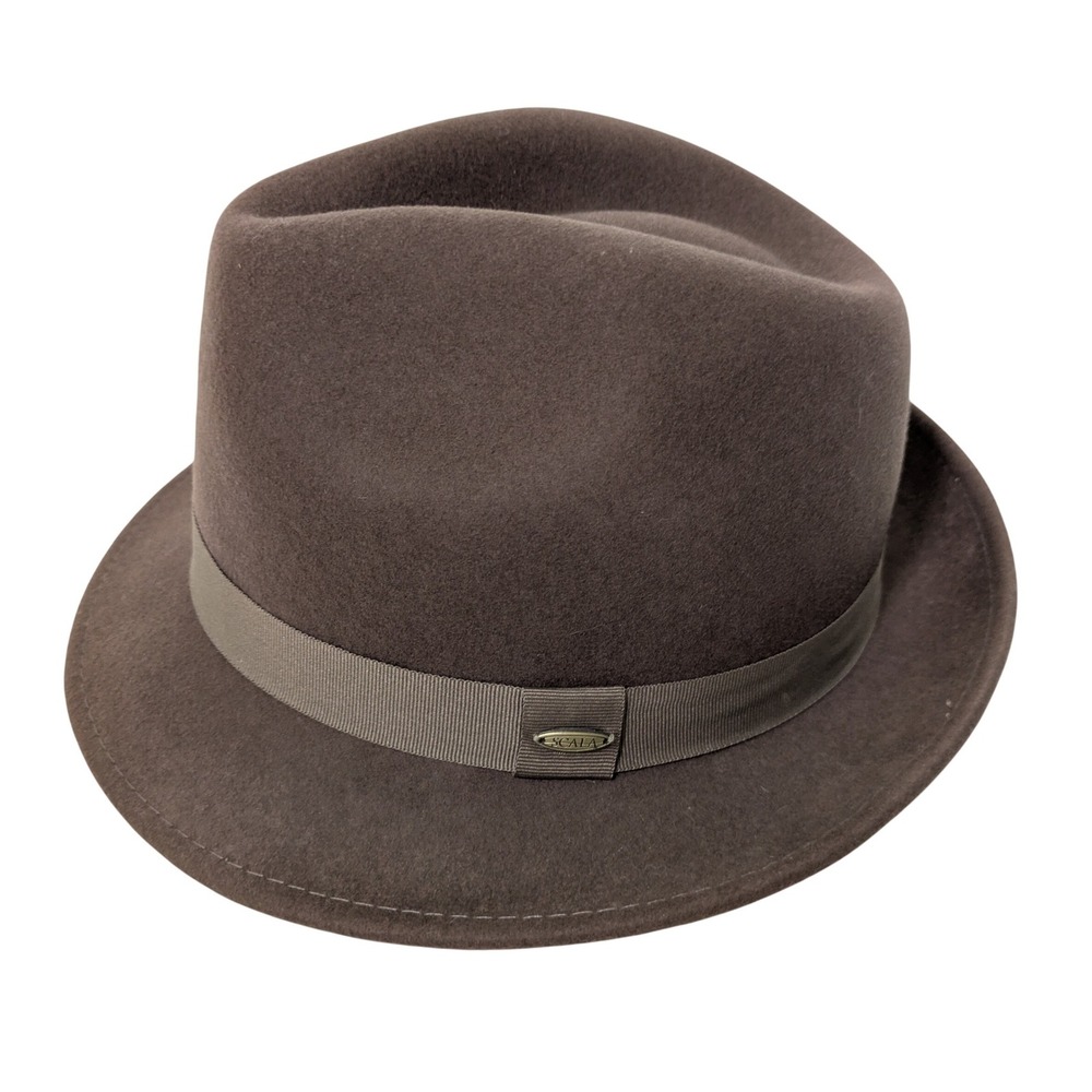 Scala Wool Fedora Hat Brown Felt DF42 Grosgrain Band Men Large Academia VTG Look